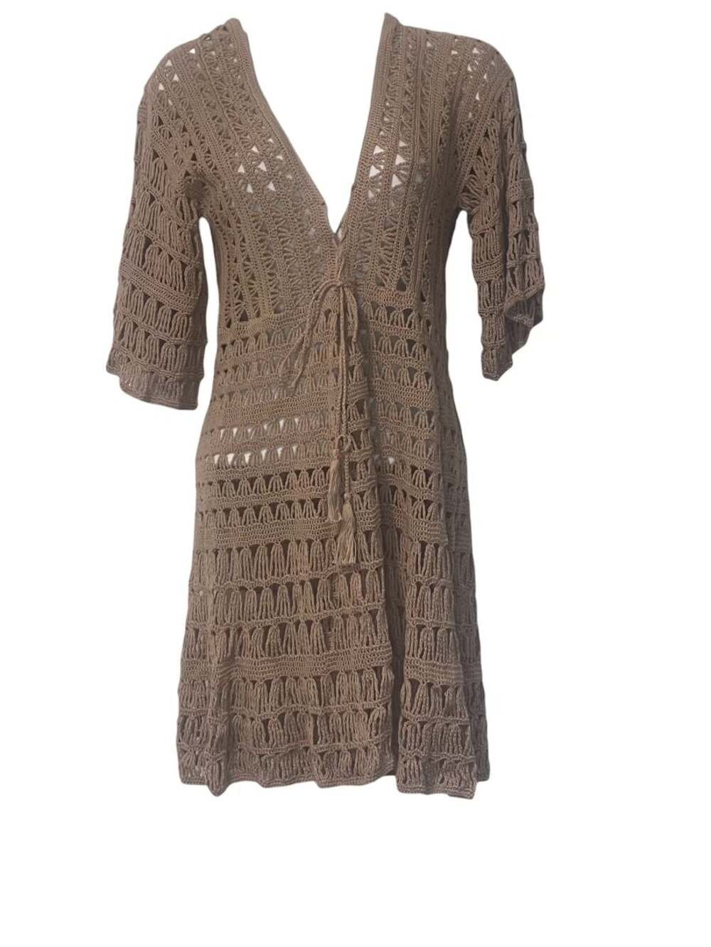 Anna Kosturova Hand Crochet Cotton Tie-Front Cardigan Dress in Tan